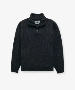 Black Schott NYC SW1614 wool military henley sweater with four-button stand collar