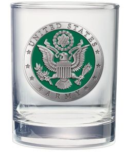 14 ounce double old fashioned glass featuring the emblem of the US army in green and silver pewter metal