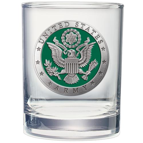 14 ounce double old fashioned glass featuring the emblem of the US army in green and silver pewter metal