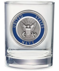 14 ounce double old fashioned glass featuring the emblem for the us Navy
