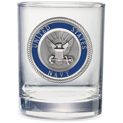14 ounce double old fashioned glass featuring the emblem for the us Navy