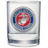 14 ounce double old fashioned glass featuring a metal pewter emblem for the US Marine Corps in silver, red, and blue