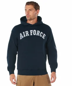 Front view of navy Rothco hoodie featuring white embroidered "Air Force" lettering across the chest and USAF symbol on left sleeve