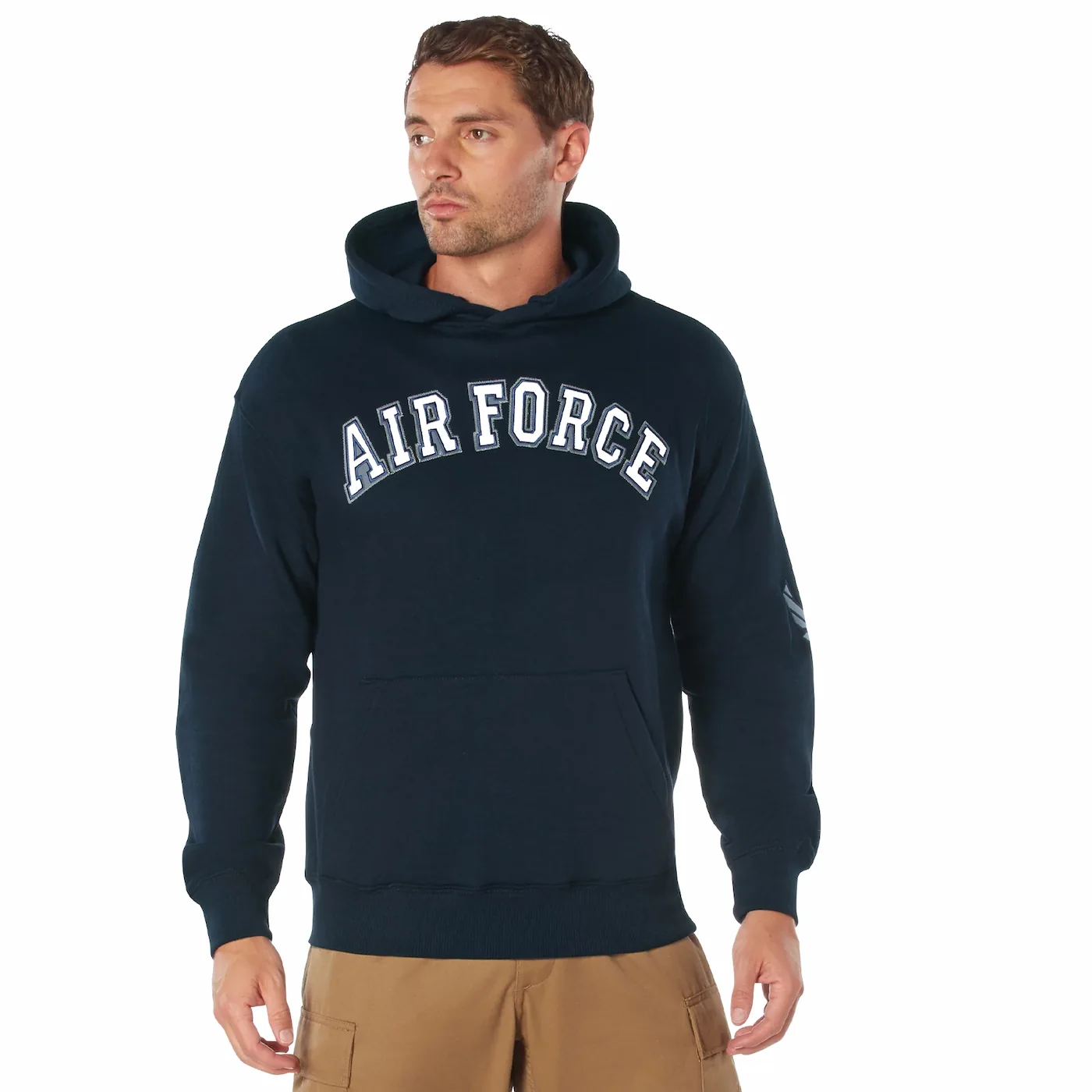Front view of navy Rothco hoodie featuring white embroidered "Air Force" lettering across the chest and USAF symbol on left sleeve