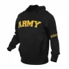 Front view of black Rothco hoodie featuring gold embroidered "Army" lettering across the chest and left sleeve