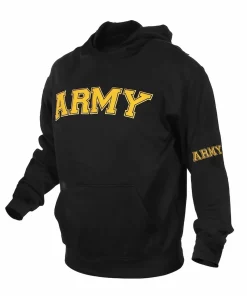 Front view of black Rothco hoodie featuring gold embroidered "Army" lettering across the chest and left sleeve
