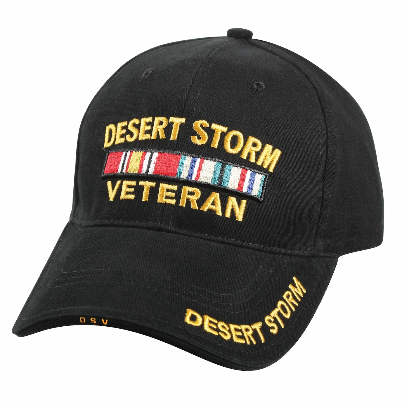 Rothco Deluxe Low Profile Desert Storm Veteran Cap in black with embroidered ribbon and lettering.