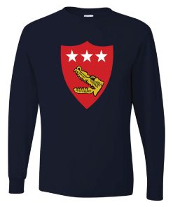 V Amphibious Corps Marines Long Sleeve T-shirt Navy blue long sleeve T shirt with a red shield on the chest featuring three white stars at the top and an opened mouth mustard yellow alligator below them