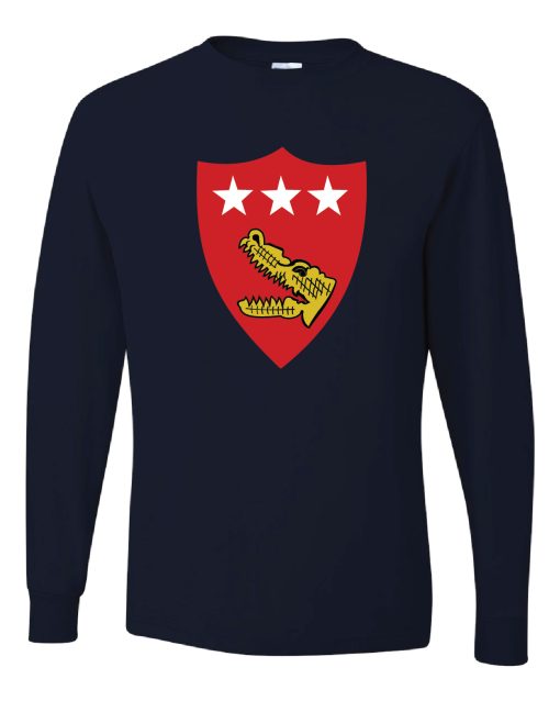 V Amphibious Corps Marines Long Sleeve T-shirt Navy blue long sleeve T shirt with a red shield on the chest featuring three white stars at the top and an opened mouth mustard yellow alligator below them