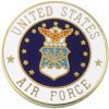7/8", Round, Metal Enamel, Lapel Pin Featuring the United States Air Force Emblem with an eagle and shield. Colors are white, and navy blue with gold edges.