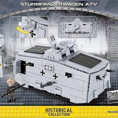 Image showing Sturmpanzerwagen A7V product packaging. Front of box. Company COBI. Item Number 2982. Shows A7V Tank Real Life Statistics and Measurements. Compatible with other brands. Made in Poland.