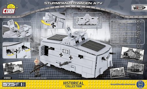 Image showing Sturmpanzerwagen A7V product packaging. Front of box. Company COBI. Item Number 2982. Shows A7V Tank Real Life Statistics and Measurements. Compatible with other brands. Made in Poland.