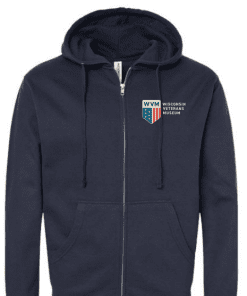 WVM Zip-Up Hoodie - a navy blue sweatshirt with hood. it's zipper in silver and it features the WVM Shield Logo on the left side of the chest