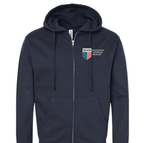 WVM Zip-Up Hoodie - a navy blue sweatshirt with hood. it's zipper in silver and it features the WVM Shield Logo on the left side of the chest