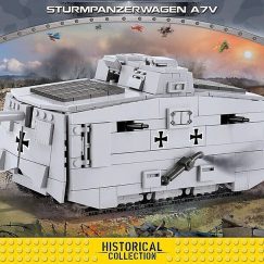 image showing Sturmpanzerwagen A7V product packaging. Front of box. Company COBI. Item Number 2982. Includes 575 pieces and 1 figurine. Historical Collection. The Great War. WARNING: Choking Hazzard. Small part. Not for children under 3 years old.