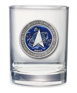 14 ounce double old fashioned glass featuring a metal pewter Space Force emblem.