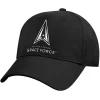 US Space Force Cap - a solid black ball cap with front bill and adjustable straps - it features the US Space Force Logo/Emblem with text below reading " United States Space Force" all in white embroidery