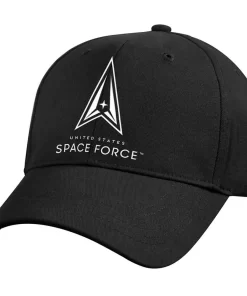 US Space Force Cap - a solid black ball cap with front bill and adjustable straps - it features the US Space Force Logo/Emblem with text below reading " United States Space Force" all in white embroidery