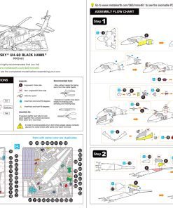 example image of the paper guide provided with the Metal Earth Black Hawk Helicopter 3D Model Kit which includes images and instructions on how to assemble the model via bending, twisting, and connecting tabs to their corresponding pre-cut slots