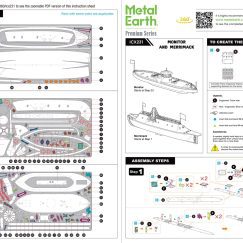 example image of the guide provided with the Metal Earth Monitor & Merrimack 3D Model Kit which includes pictures and easy to follow instructions on how to assemble the kit via bending, twisting, and connecting tabs with their corresponding pre-cut slots