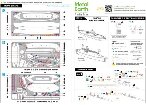 example image of the guide provided with the Metal Earth Monitor & Merrimack 3D Model Kit which includes pictures and easy to follow instructions on how to assemble the kit via bending, twisting, and connecting tabs with their corresponding pre-cut slots
