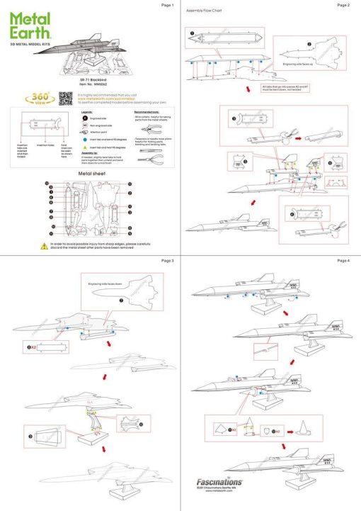 example image of the paper guide provided with the Metal Earth SR-71 Blackbird 3d Model kit which includes pictures and instructions on how to assemble the kit via bending, twisting, and connecting tabs with their corresponding pre-cut holes