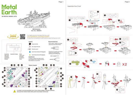 Image of the guide provided along with the Metal Earth USS Arizona 3D Model Kit which includes pictures and instructions on how to assemble the model via bending, twisting, and connecting tabs with their corresponding pre-cut slots