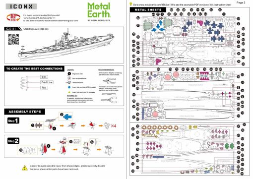 example image of the guide provided with the Metal Earth USS Missouri BB-63 3D model kit Premium Series which includes pictures and easy to follow instructions on how to assemble the model via bending, twisting, and connecting tabs with their corresponding pre-cut slots