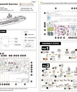 example image of the paper guide provided with the Metal Earth Premium Series USS Theodore Roosevelt 3D Model Kit which includes pictures and easy to follow instructions on how to assemble the model via bending, twisting, and connecting tabs with their corresponding pre-cut slots