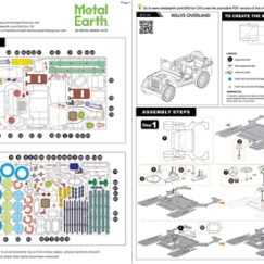 example image of the paper guide provided with the Metal Earth Jeep Willys Overland 3D Model Kit which includes pictures and easy to follow instructions on how to assemble the kit via bending, twisting, and connecting tabs with their corresponding pre-cut slots
