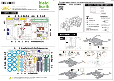example image of the paper guide provided with the Metal Earth Jeep Willys Overland 3D Model Kit which includes pictures and easy to follow instructions on how to assemble the kit via bending, twisting, and connecting tabs with their corresponding pre-cut slots