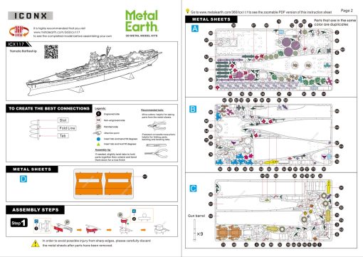 Example image of the provided guide for the Metal Earth Premium Series Yamato Battleship with images and instructions on how to assemble it