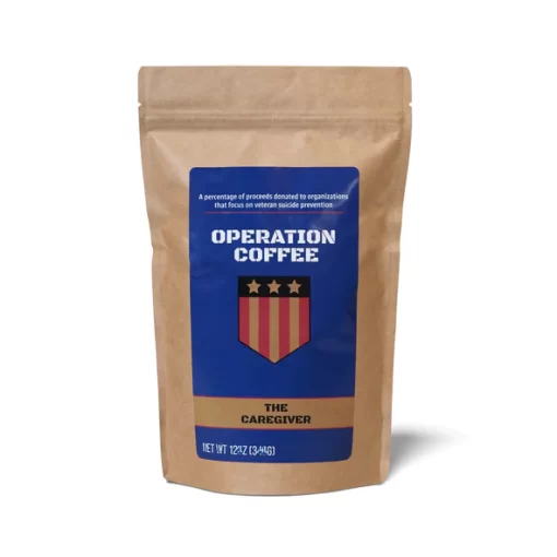 Front of bag of The Caregiver blend, from Operation Coffee, a Wisconsin veteran owned coffee company.