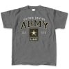 This grey short sleeved t-shirt feature the text "United States" in white right above "ARMY" in black with yellow trim across the chest. Just below that is the US Army Star Logo in black, white, and yellow with the text "est." to the left of it and the text "1775"  to the right.