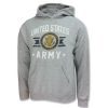 This gray sweatshirt features the emblem of the United States Army on the chest in dark grey and gold.  It comes with a front pouch pocket, extra soft fabric inside, and a hood that is double-lined for warmth.