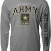 Army "Duty, Honor, Country" Long Sleeved Shirt - This grey long sleeved t-shirt has the text "United States" in white along the top of the chest. It has the Text "ARMY" right below it in bold black letter with yellow trim. Below that is the text "est." in white followed by the Army Star Logo in black, white, and yellow, and then the text "1775". One sleeve is plain while the other has the text "Duty, Honor, Country" running down it in solid black.
