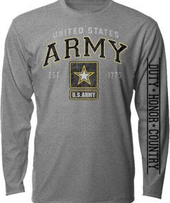 Army "Duty, Honor, Country" Long Sleeved Shirt - This grey long sleeved t-shirt has the text "United States" in white along the top of the chest. It has the Text "ARMY" right below it in bold black letter with yellow trim. Below that is the text "est." in white followed by the Army Star Logo in black, white, and yellow, and then the text "1775". One sleeve is plain while the other has the text "Duty, Honor, Country" running down it in solid black.