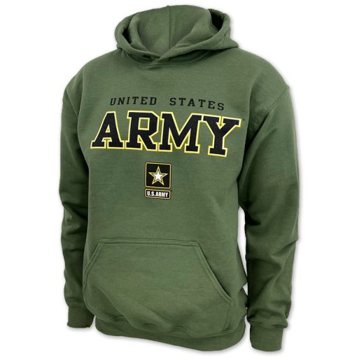 This olive green sweatshirt features the star logo of the United States Army Right below the text  “ARMY” in classic black and yellow on the chest. It comes with a front pouch pocket, extra soft fabric inside, and a hood that is double-lined for warmth.