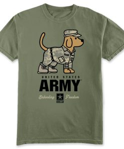 Kids Army Puppy T-Shirt - An Olive Drab short sleeved T-shirt with an adorable golden retriever wearing it's own OCP uniform with the text "ARMY" in bold black letter below along with the Army star logo.