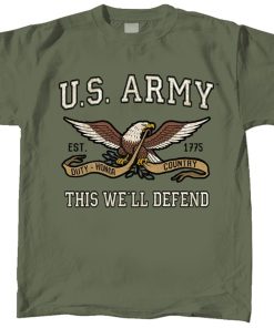 This O/D green short sleeved T-shirt features a retro graphic of an US Army Eagle along with the text "Duty, Honor, Country -This we'll defend" along the chest