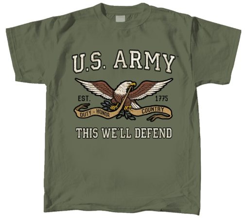 This O/D green short sleeved T-shirt features a retro graphic of an US Army Eagle along with the text "Duty, Honor, Country -This we'll defend" along the chest