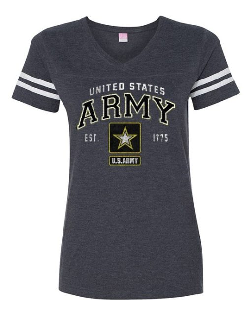 Women's Army T Shirt, V Neck, sleeve stripes, Army Star logo, United States Army written above across chest