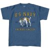 Image of the US Navy - Bill the Goat in Retro Blue with the text "anchors aweigh" below the image of the Goat that is in the center of the shirt