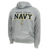 Grey U.S. Navy Anchor Hoodie, a grey sweatshirt with NAVY in bold blue letters across the the chest and smaller text above that says United States and s small image of an anchor bellow NAVY