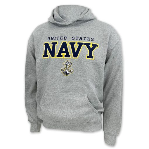 Grey U.S. Navy Anchor Hoodie, a grey sweatshirt with NAVY in bold blue letters across the the chest and smaller text above that says United States and s small image of an anchor bellow NAVY