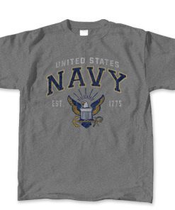 A dark gray short sleeved t shirt featuring the US Navy emblem in the center of the abdomen and the text "united sates Navy" above it. "unites states" is in white, and "navy" is in blue. the emblem colors are blue, yellow, and white (the emblem is not encased in any sort of circle like it is often shown, it is instead by itself without any border