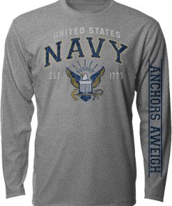 Grey long sleeved t shirt with the vintage styled navy logo in the center and the moto "anchors aweigh" on one of the sleeves