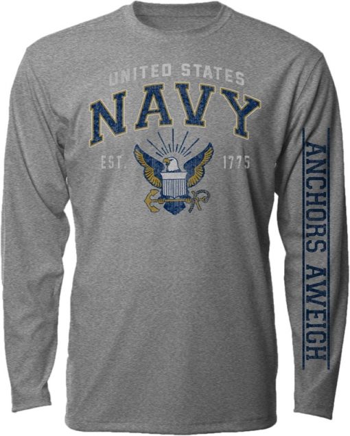 Grey long sleeved t shirt with the vintage styled navy logo in the center and the moto "anchors aweigh" on one of the sleeves