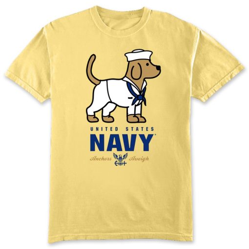 Kids Navy Puppy T-Shirt - A yellow T-shirt with a golden retriever wearing it's own white sailor uniform with "NAVY" in bold blue and the Navy logo underneath he puppy
