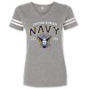 Women's Navy V-Neck T-Shirt - This vintage V-neck jersey style short sleeved T-shirt in light gray has two white stripes on each sleeve- the text "united states" in small white lettering across the top of the chest- "NAVY" in bold dark blue lettering with yellow trim across the center of the chest - and the Navy Logo with an Eagle, shield, and anchor in in blue yellow and white along the bottom of the chest